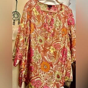 Talbots NWOT Silk 100% 1X Top Floral Paisley Hot pink orange lime 3/4 sleeve